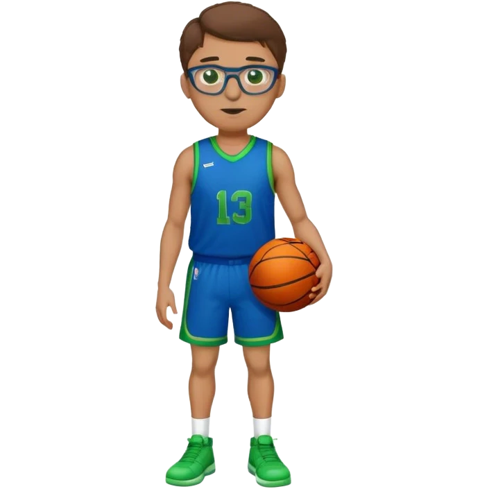 Full Body large white male with brown hair basketball player wearing glasses wearing blue green uniform emoji