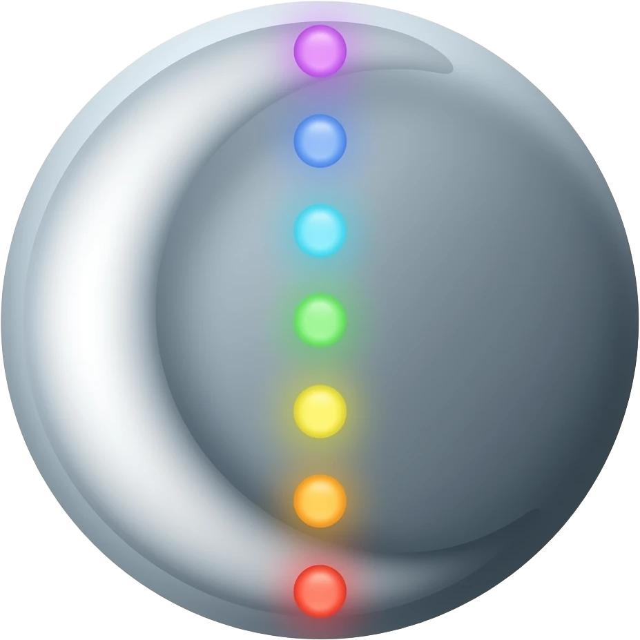 Moon Chakra Symbol: Crescent moon with a vertical column of 7 small glowing dots (the chakras) aligned perfectly down its center, softly radiating outward. emoji