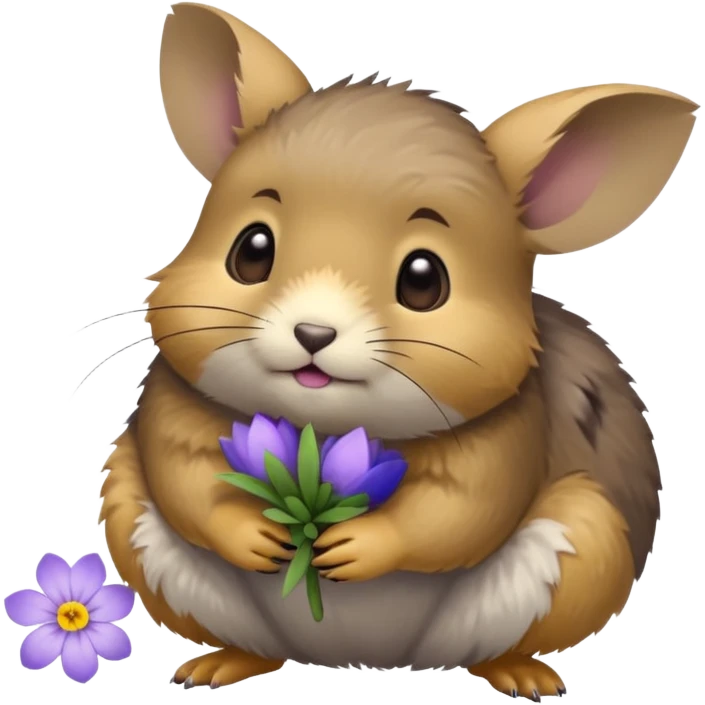 small round pika on all fours, turned at an angle, with a little light purple flower in its mouth emoji