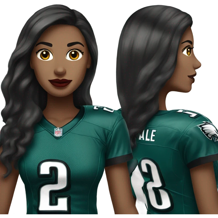 White female long dark hair red lips wearing Philadelphia Eagles jersey emoji