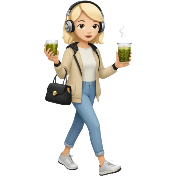a young woman full length walks with headphones on with a caviar toast in one hand and herbal tea in the other hand emoji