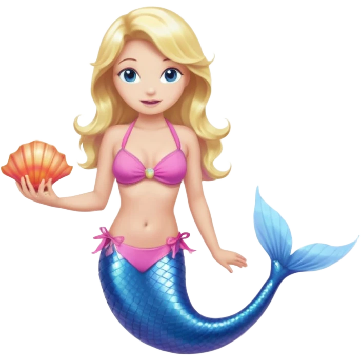 mermaid woman with blonde hair and blue eyes, a pink bikini top and an ALL pink tail holding a shell emoji