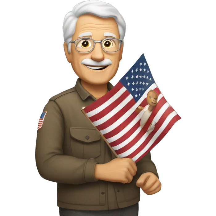 older man holding small american flag, waiving, brown hair and SENSOS written on wall behind him emoji