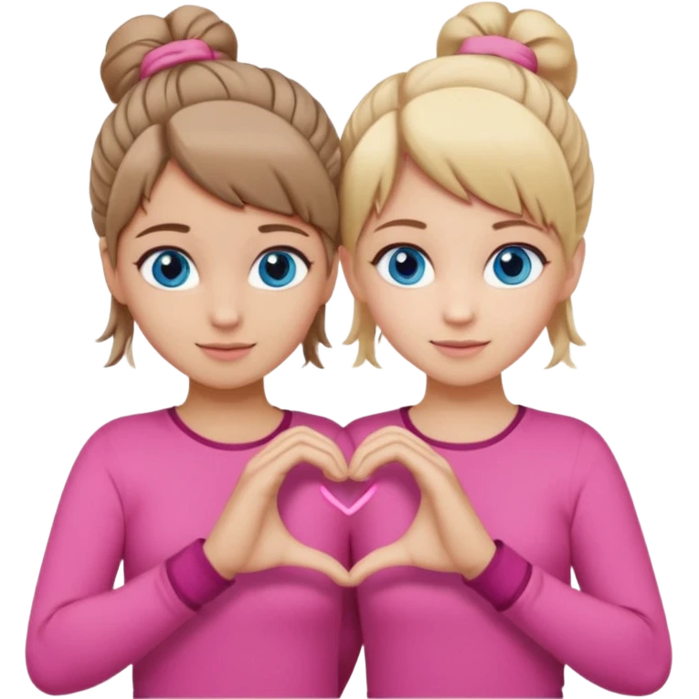 Two best friends making a heart shape with their hands together. One of them has blond hair which is shorter and the other has brown hair tied up. They are both wearing pink outfits. They both have blue eyes. One of them has their hair down  emoji