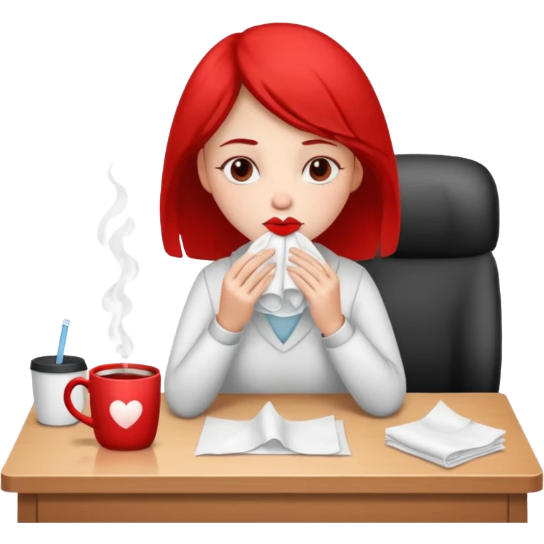хвора дівчина сидить в офісі за столом, у неї в руках хустинка, червоний ніс, на столі серветки, чай emoji