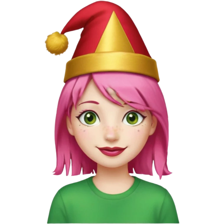Create a girl with pink hair and green eyes with long eyelashes and a smiley face. She has freckles in her face and a lit of bit of lipstick on her mouth, she’s also got gold birthday hat on her head with gold pom poms on top of it, and her T-shirt is red emoji