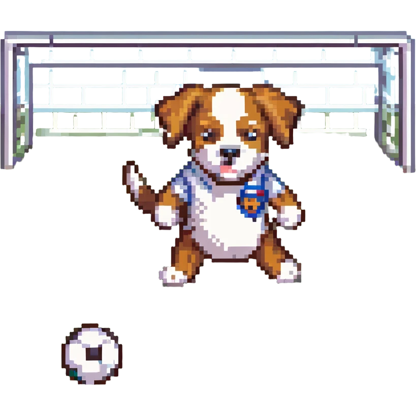 a dog playing soccer, pixel art style emoji