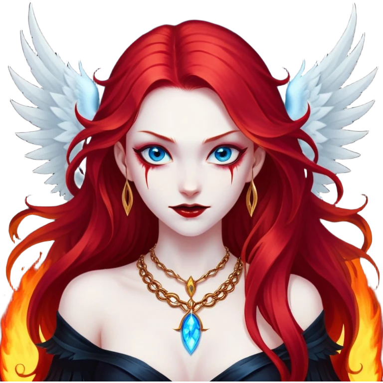 half body portrait of an extremely diabolical girl with pale white skin, massive towering wings, very long flowing blood red hair, glowing blue eyes, black hellfire aura, no horns, evil grin, gold necklace emoji