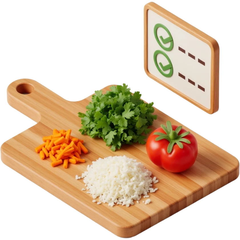 Ingredients on teh wooden cutting board with floating list with check box emoji