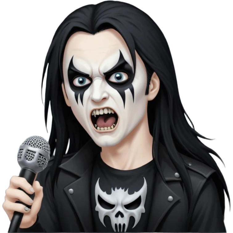 Black metal musician with corpse paint, long hair, screaming with mirophone emoji