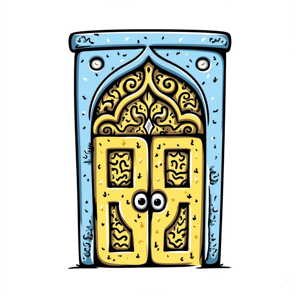 doodle of a Tunisian door with ornate patterns, blue and yellow, hand-drawn style emoji