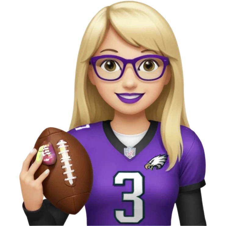 full length women wearing eagles uniform, long blonde hair, blunt bangs, black glasses, holding football, number 33, smiling, purple lipstick emoji