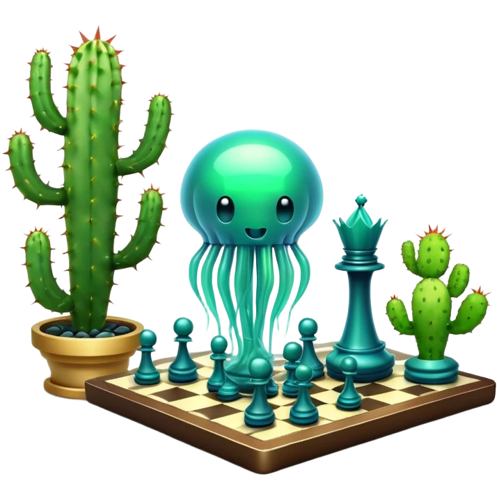 surreal cosmic jellyfish playing chess with a cactus emoji