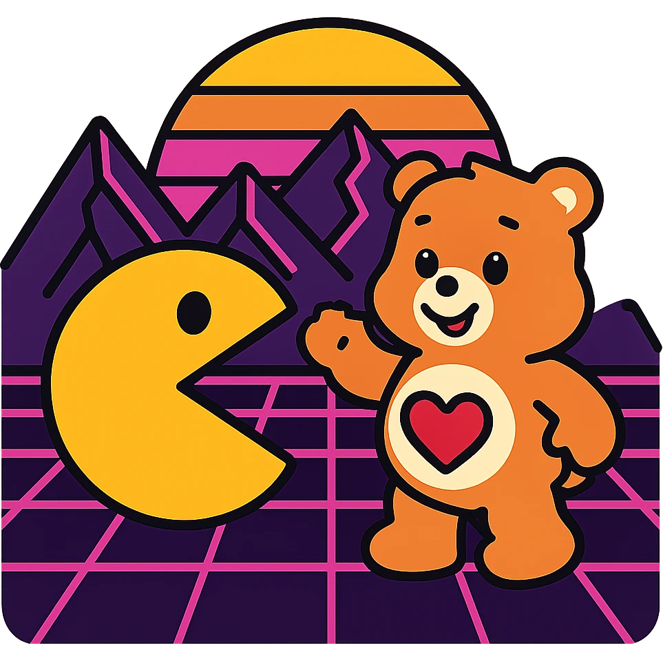 Care Bears and Pacman in a synthwave landscape with glowing mountains emoji