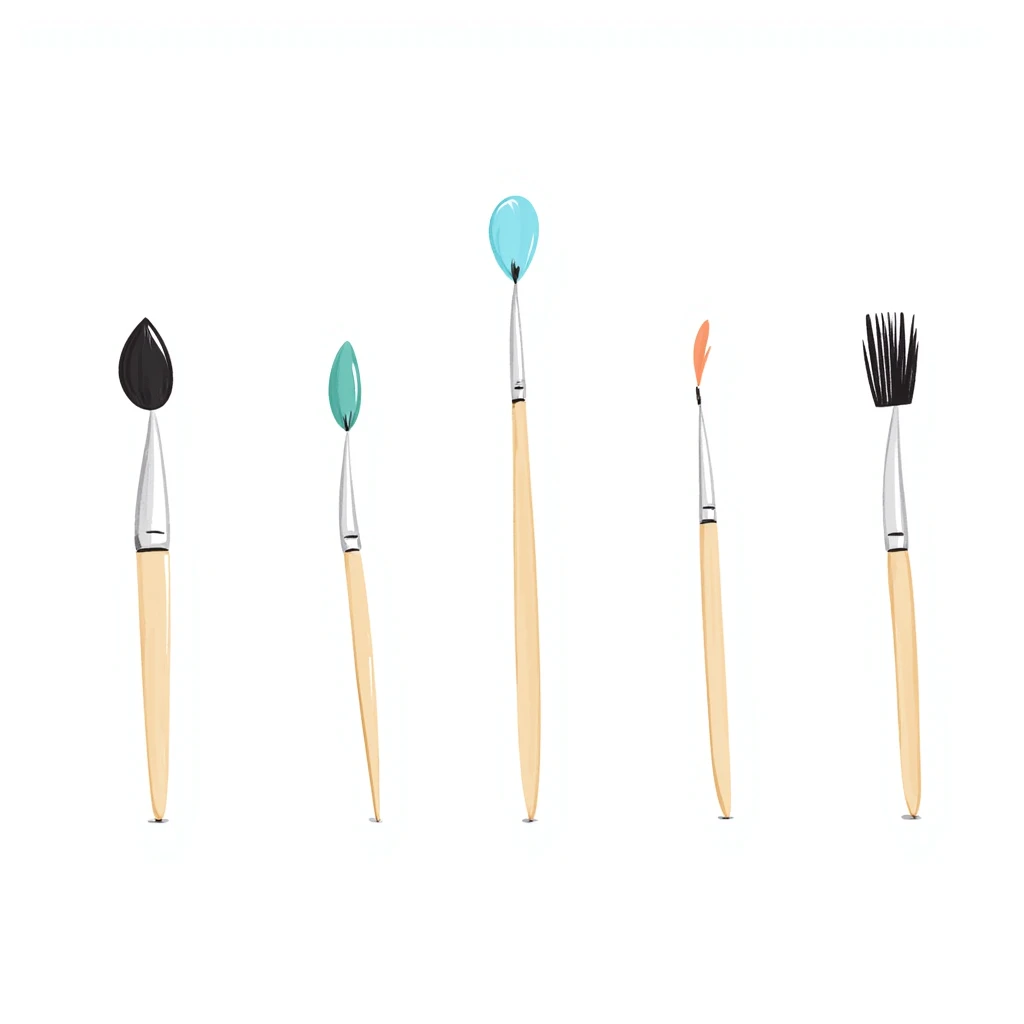 Set of artist paintbrushes in different sizes and shapes with wooden handles and colorful bristles. Using specific pastel colors (dd9fb0, ffc6d3, a3bfc9, c4bee2, f1b091). Hand-drawn doodle style with intricate details. Some brushes have paint on their tips. Transparent background. emoji