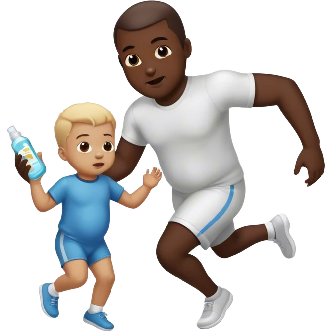 Little boy running from big black man who is holding baby oil emoji