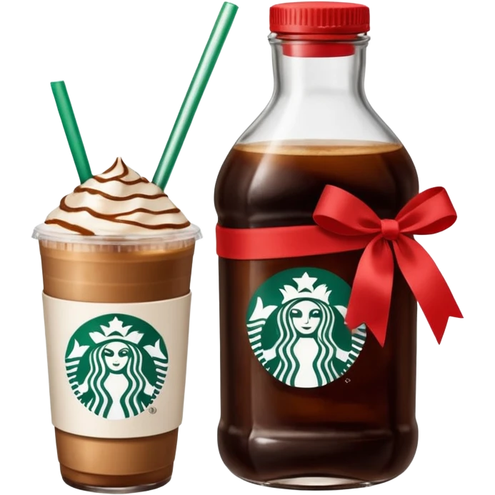 Starbucks iced espresso with milk and the cup has red ribbons printed on it. There is a bottle of cinnamon dolce syrup next to it  emoji