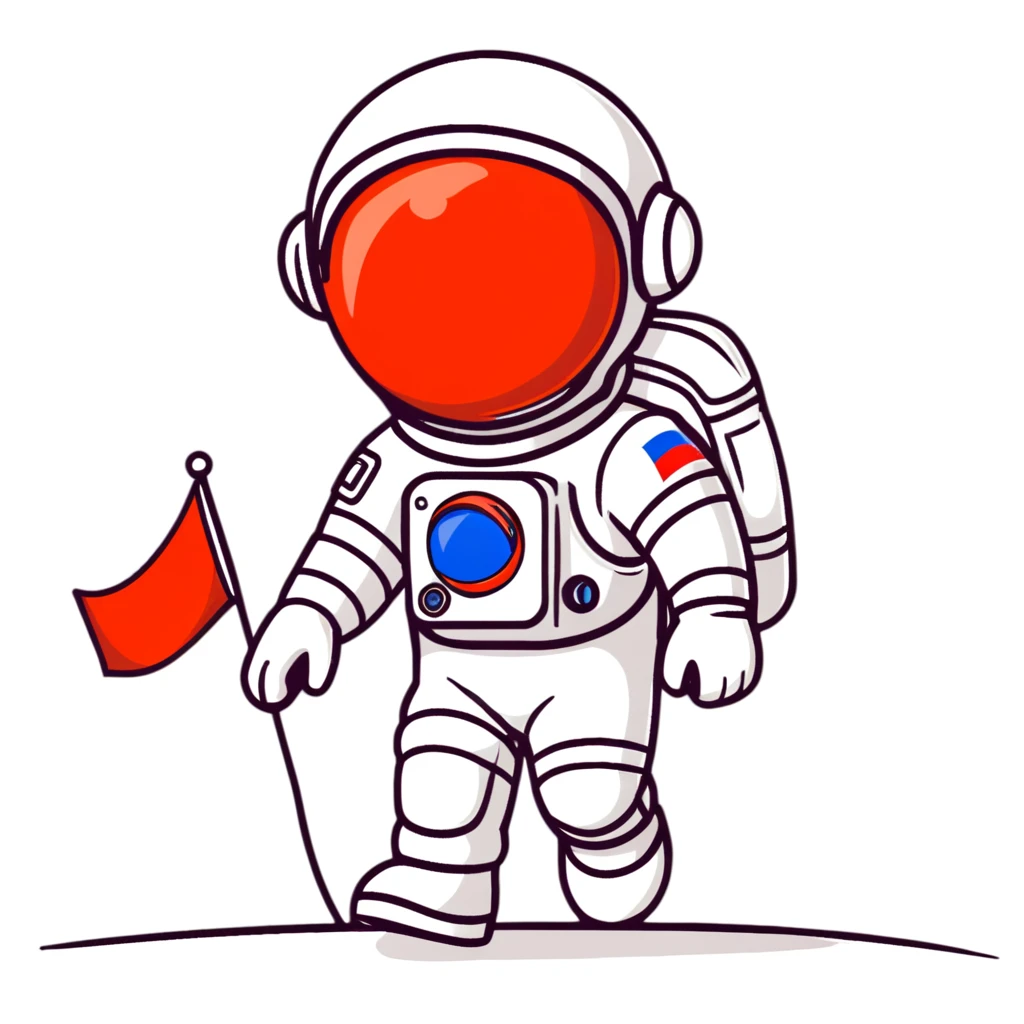 Cosmonaut walking on a planet surface, wearing a spacesuit with Russian flag, light hair and light skin visible through helmet emoji