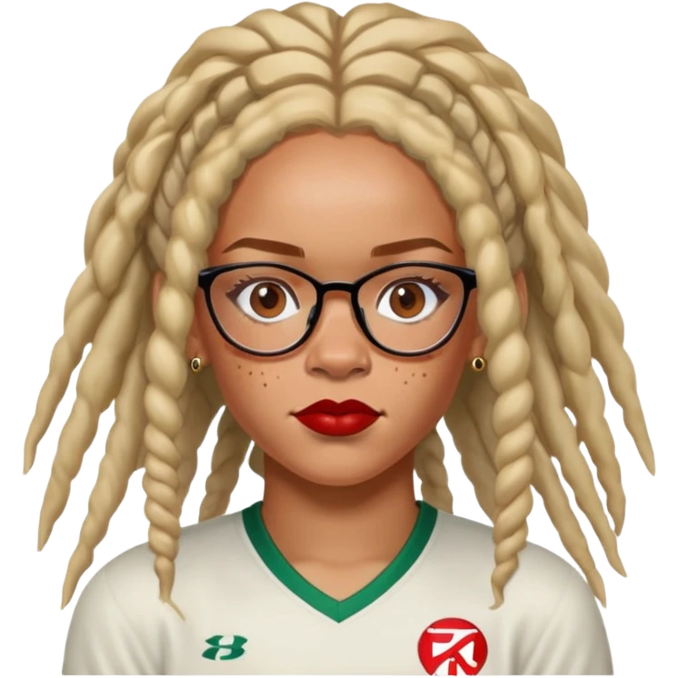 Rihanna freckles on nose and soccer woman blondish dreadlocks island red and white jersey and cateye eyeglasses emoji