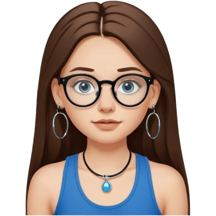 White girl with long brown hair, part going more to the RIGHT side, BLUE eyes, wearing BLACK plastic frame glasses. SEPTUM nose piercing hoop (at bottom of nose) AND stud nose piercing on right side of nose. Wearing BLACK tank top. Wearing big hoop earrings. NOOO necklace! emoji