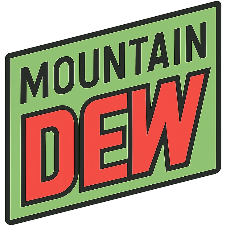 color outline icon of Mountain Dew logo, dynamic lines, green and red palette, energetic and modern look, simplified for icon use emoji