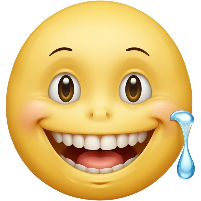 Yellow smiley face holding back tears with realistic watery eyes, and a big human tooth smile emoji