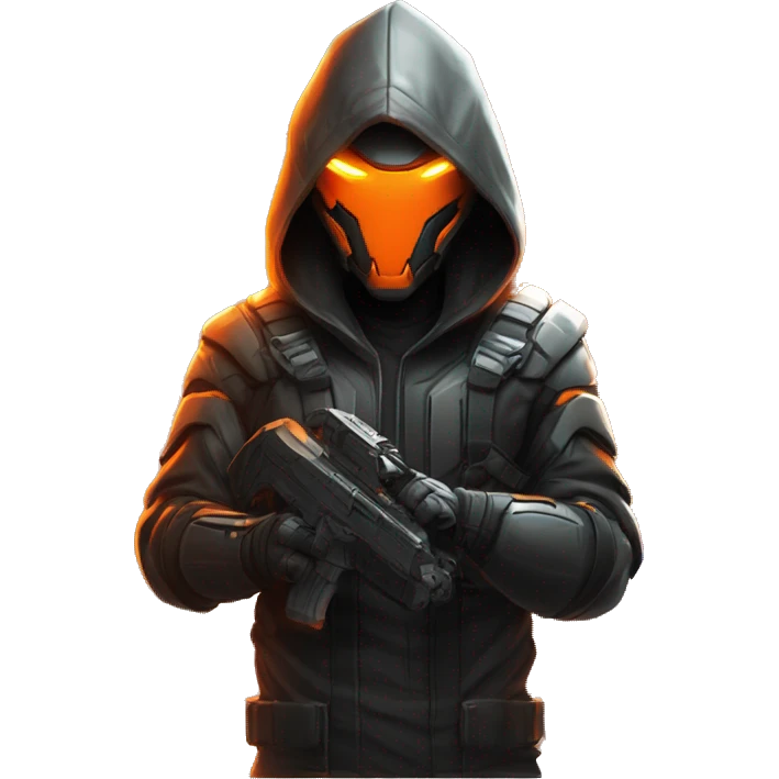  developer behind his laptop with this style : crysis Cyberpunk Valorant orange glowing bright orange character orange black hooded assassin themed character emoji