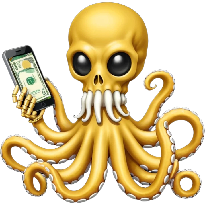 satanic octopus skeleton with scary evil eyes wearing a gold necklace and balaclava. 1 tentacle is holding a cellphone, 1 tentacle is holding a bone, 1 tentacle is holding a stack of cash. emoji