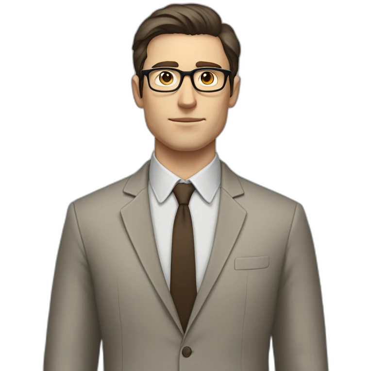 Full height Pale skinned fit man with dark brown hair in gray jacket, beige office shirt, brown tie, brown pants and vintage glasses. His right hand stretched out emoji