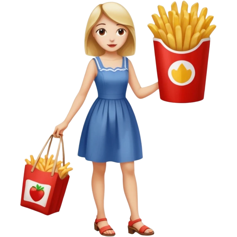 a young woman full length with cola in one hand and french fries in the other hand and a painting under her arm walking left emoji