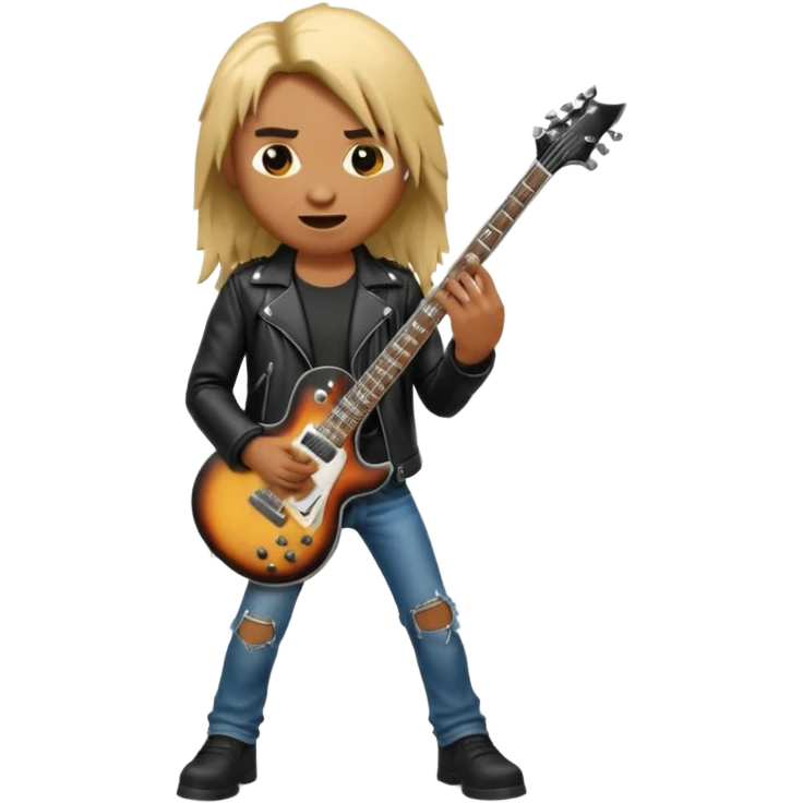 3D Apple-style emoji of a metal musician. Long hair, black leather jacket, ripped jeans, holding an electric guitar. Intense expression, glossy, rounded, smooth, soft shadows, white background.










 emoji