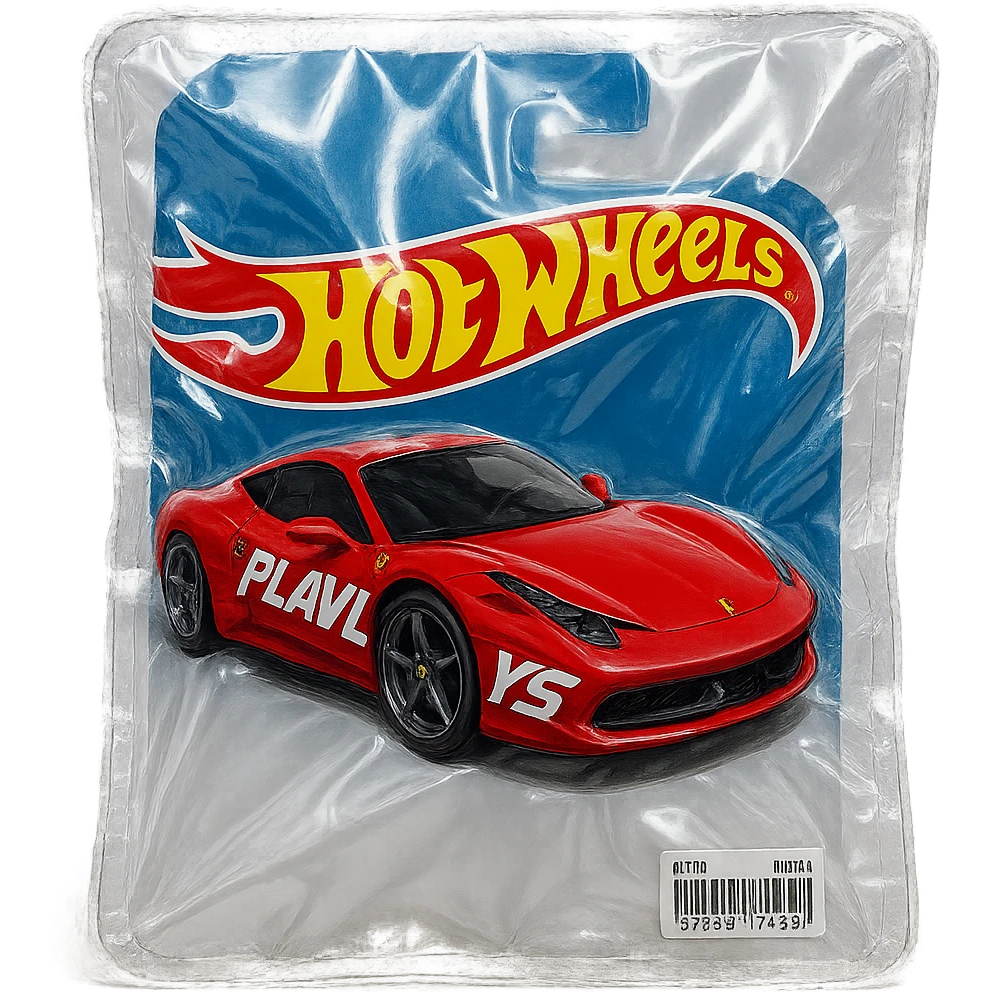 Hot Wheels blister pack with red Ferrari, 'PLAVLEYS' in bold slanted racing letters on the car, shiny and inflated vacuum-sealed style emoji