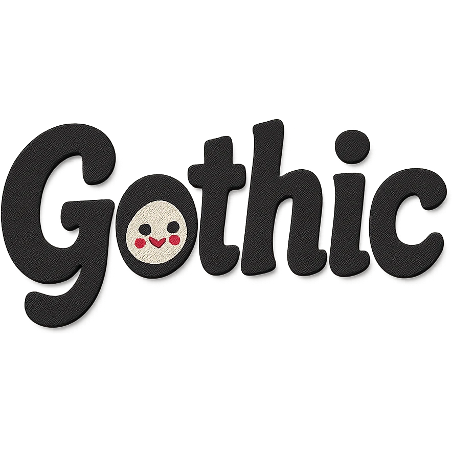 the word 'Gothic' in bold black playful script font, kawaii style, no outline, 3D paper-craft effect emoji
