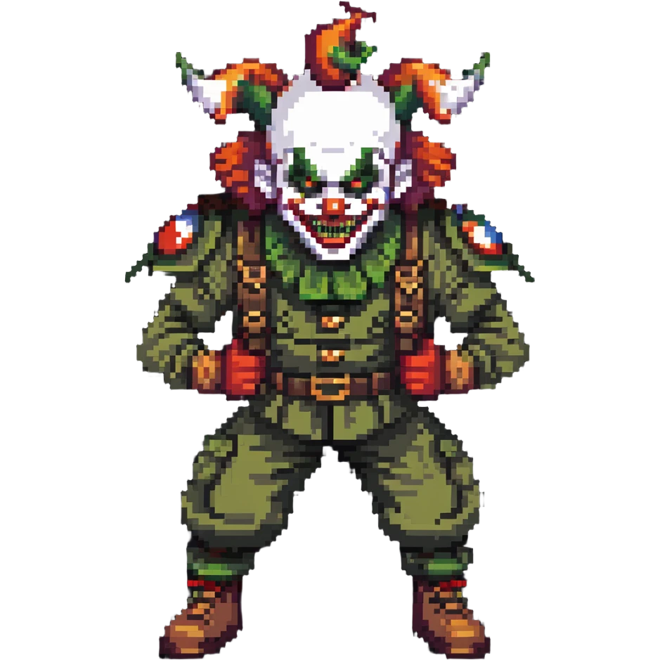 evil clown soldier, bald, short forehead horns, fangs, pointed ears, black and military green clothes, fighting stance emoji