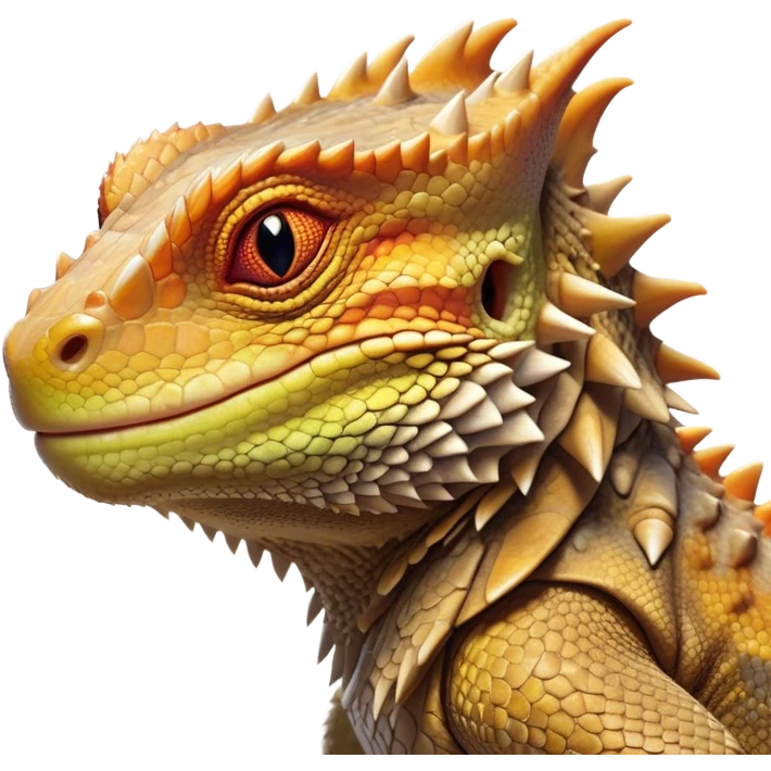 Cinematic Noble Bearded Dragon Portrait Emoji, Poised and regal, with a robust, angular build and a textured, scaled hide in earthy olive and sandy tones, a prominent spiky 'beard' beneath its chin and a keen, alert gaze, Simplified yet sharp and sophisticated features, highly detailed, glowing with a soft, dignified glow, high shine, intelligent and fierce, stylized with an air of desert majesty, focused and attentive, soft glowing outline, capturing the essence of a watchful and commanding reptile, so majestic it feels as though it could scuttle out of the screen with effortless authority! emoji