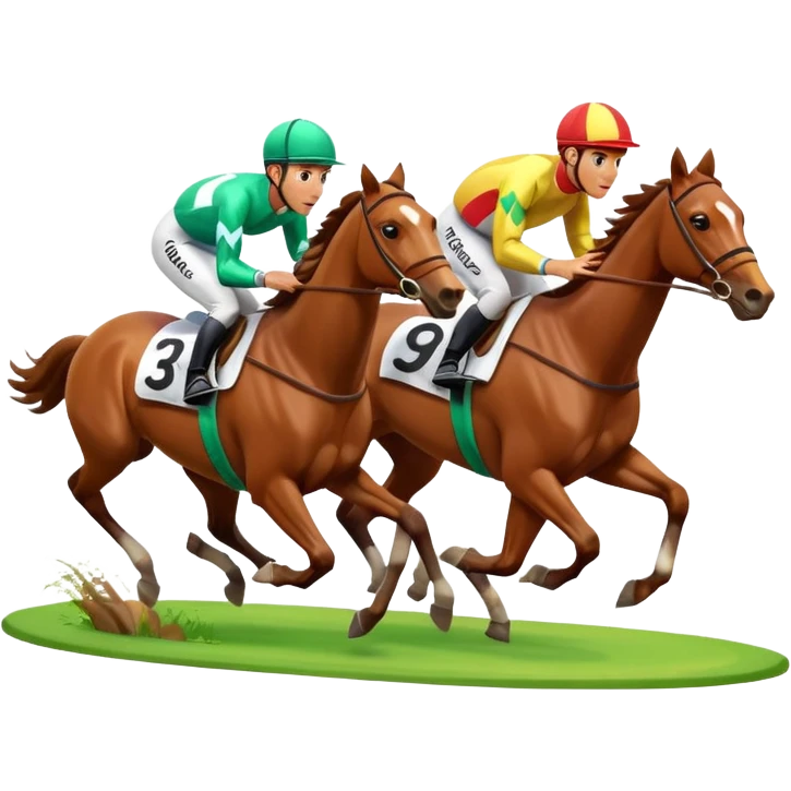 A 3D cartoon horse race scene with jockeys in motion, grassy track, bright daylight, Memoji-style rendering. emoji