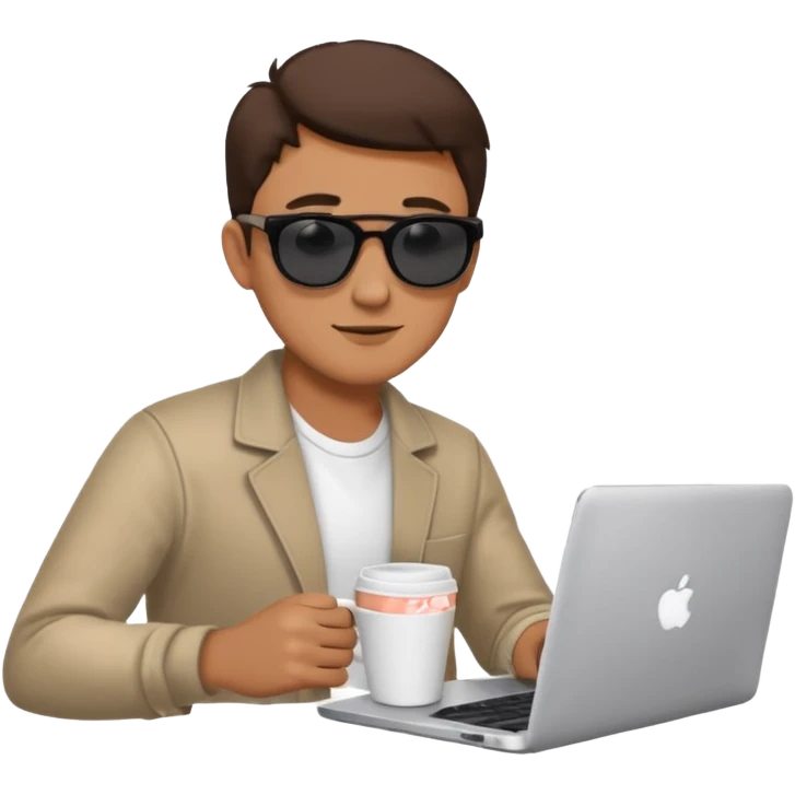 man wearing sunglasses holding a coffee cup and working on a laptop emoji
