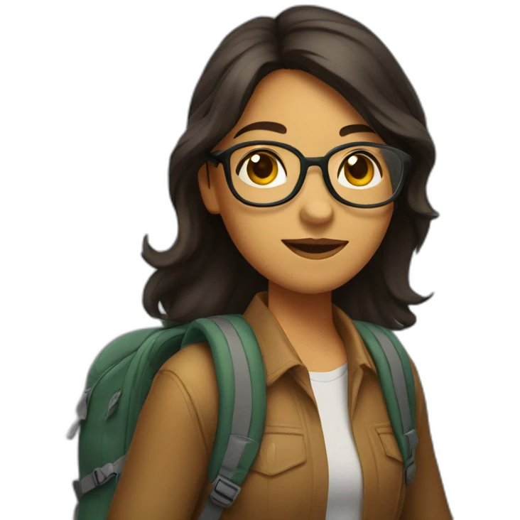 a girl in glasses with a backpack on her shoulders, dark hair down to her shoulders, slightly tanned skin emoji