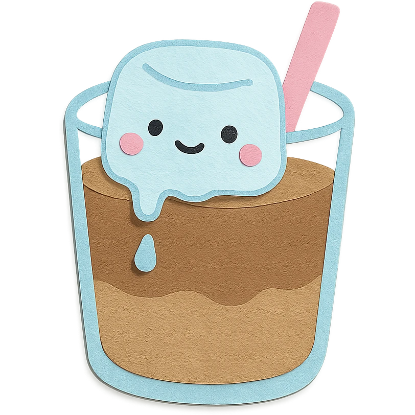 melting ice cube character in coffee drink, kawaii pastel hand-drawn style emoji