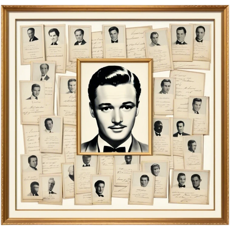 Icon for Autograph Collecting: several vintage framed with signatures of famous celebrities sheets stacked one on top of the other, each . The icon should evoke the charm and history of collecting autographs. Transparent background. emoji