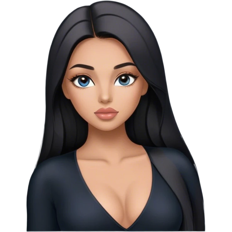 Glamours, tanned, very beautiful girl, with big pump peach-beige-rose lips, long lashes, black straight smooth silky long hair, straight parting hair, blue-grey eyes, in black v-neck bodysuit emoji