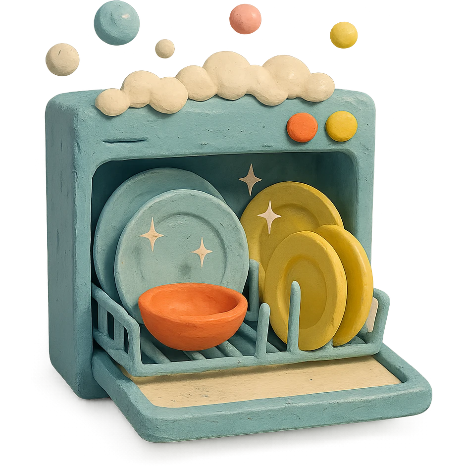 claymation style dishwasher with bubbles and sparkling plates, playful arrangement, pastel palette emoji