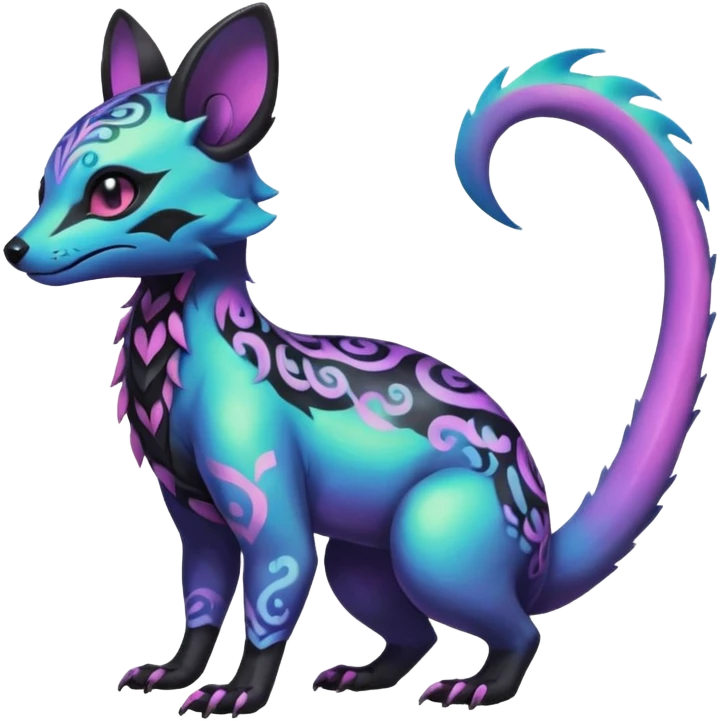 Rare neon iridescent white exotic cute epic aesthetic gothic colorful Salandit-Eevee-Civet-species-Fakemon-hybrid-creature, with intricate tattoo markings, full body emoji