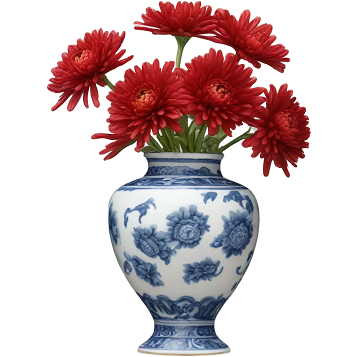 A Victorian oil painting of red chrysanthemums in a delicate porcelain vase on a lace-covered table. emoji