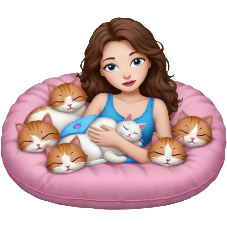 girl with long wavy brown hair, blue eyes, long lashes makeup, sexy pink lips, sleeping on a cozy pillow with 6 cats emoji