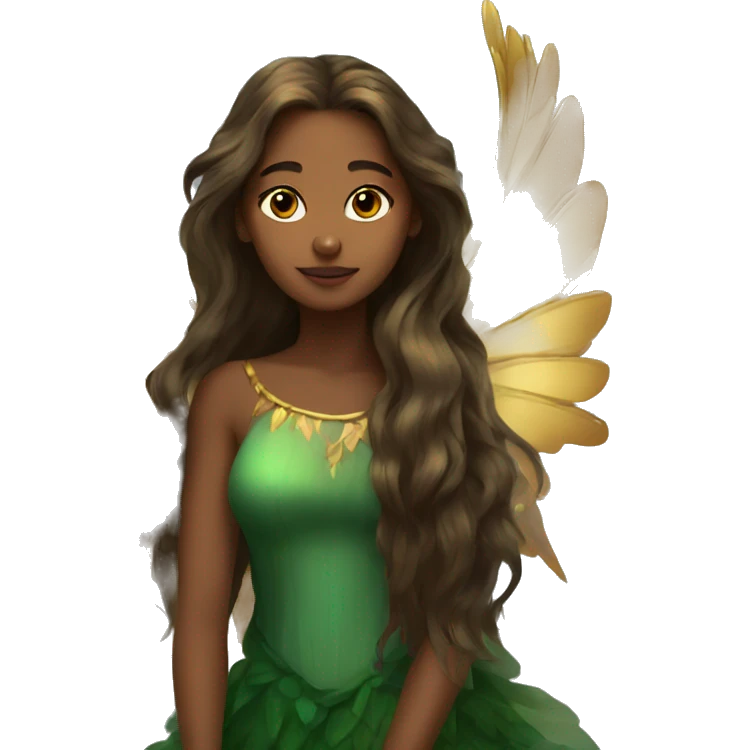 big wings, Beautiful, fairy, gold, brown, dark green, green, long hair emoji