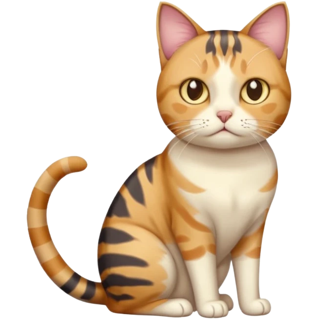 full body calico tabby cat with skinny head and fat body with an anxious face emoji
