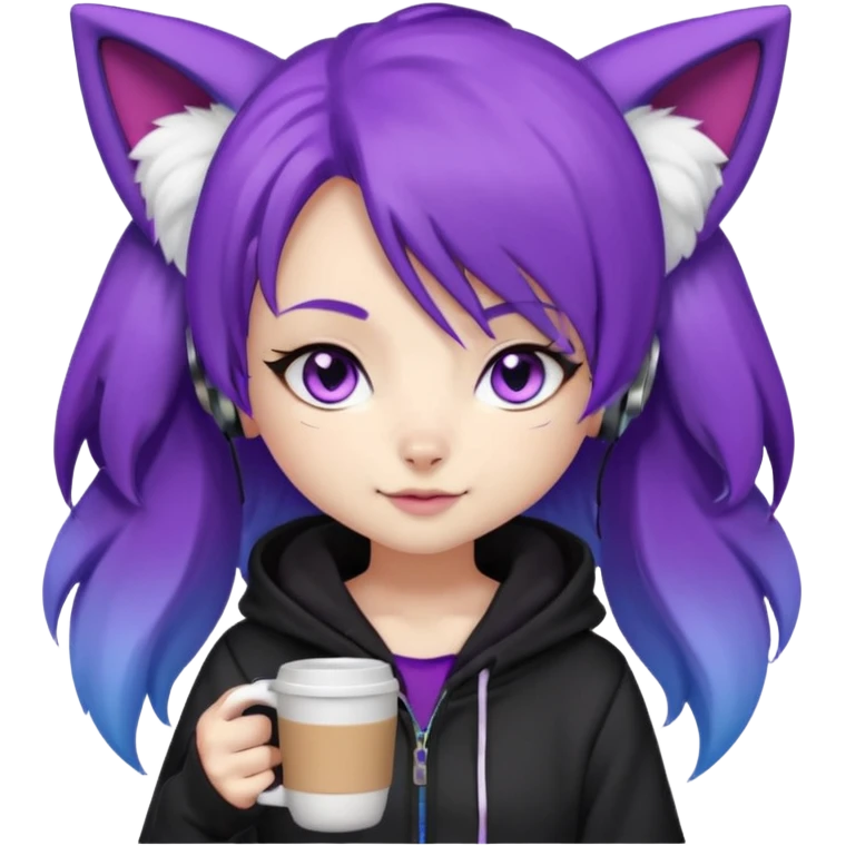 chibi fox girl with purple hair , purple fox ears, purple fox tail, black hoodie, blue eyes with head phones around her neck and white shorts, generate her looking smug holding a large coffee cup emoji