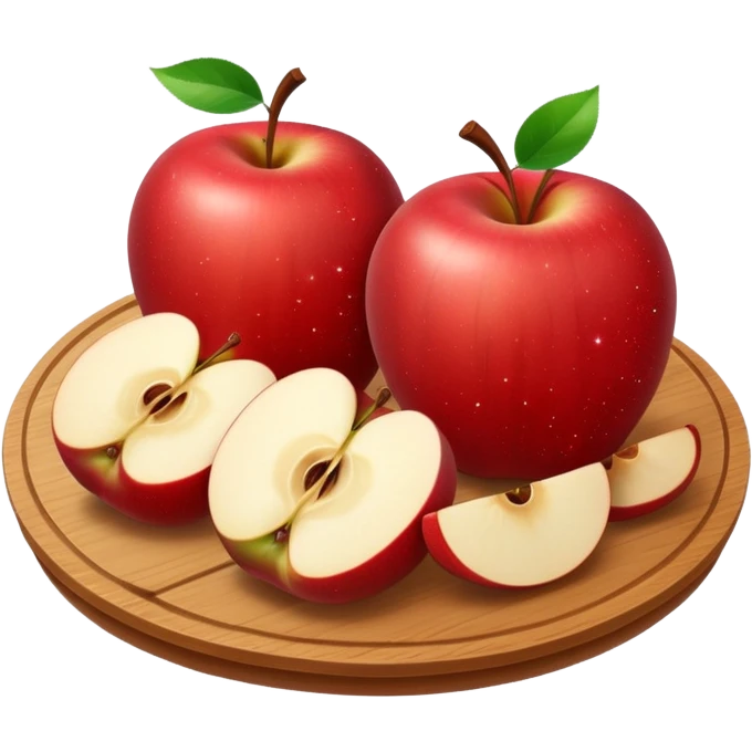 A round wooden board on which there are three whole apples and one apple, cut into two halves and several slices, with sparkles emoji