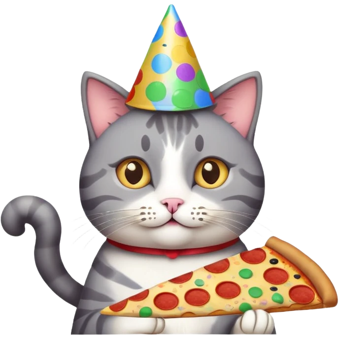 cat with a party hat, confetti around, holding a slice of pizza, college party vibe emoji